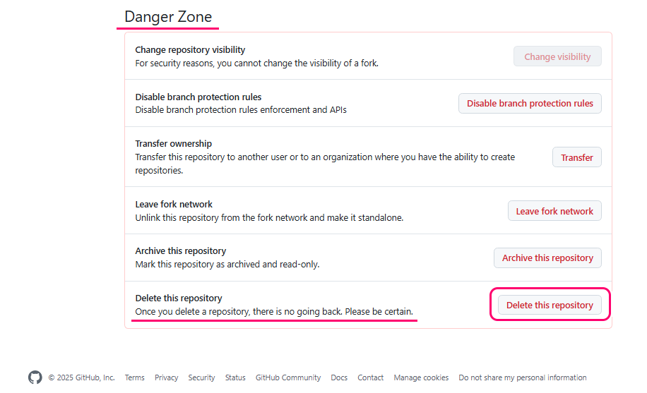 GitHub 作成したリポジトリの削除の手順3
