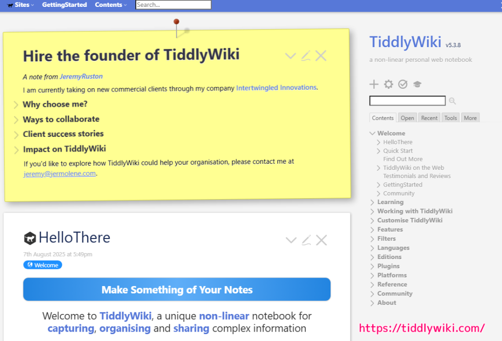 TiddlyWiki 20251022 公式サイトの一部