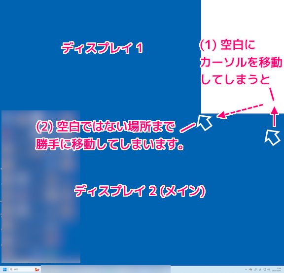 Windows11 マルチモニタの空白地帯でポインタが勝手に移動しないようにする設定1