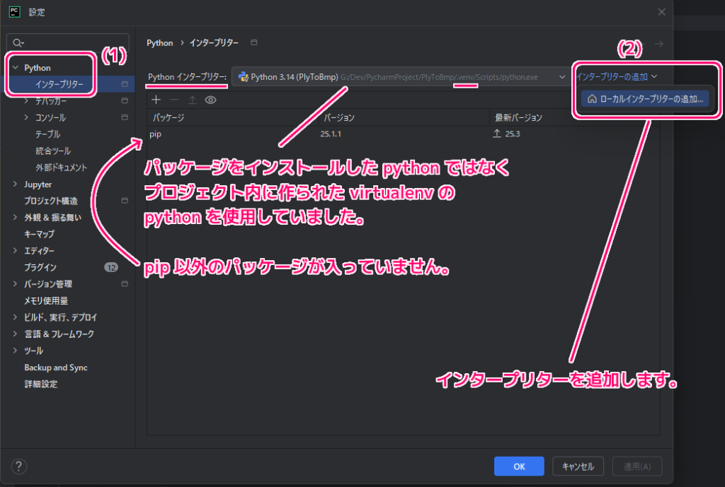 PyCharm パッケージ未解決時の対処例、プロジェクトのインタプリタの設定3