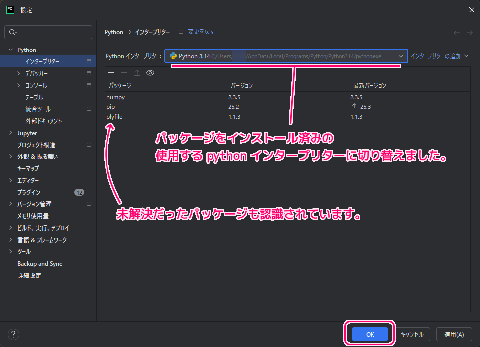 PyCharm パッケージ未解決時の対処例、プロジェクトのインタプリタの設定5